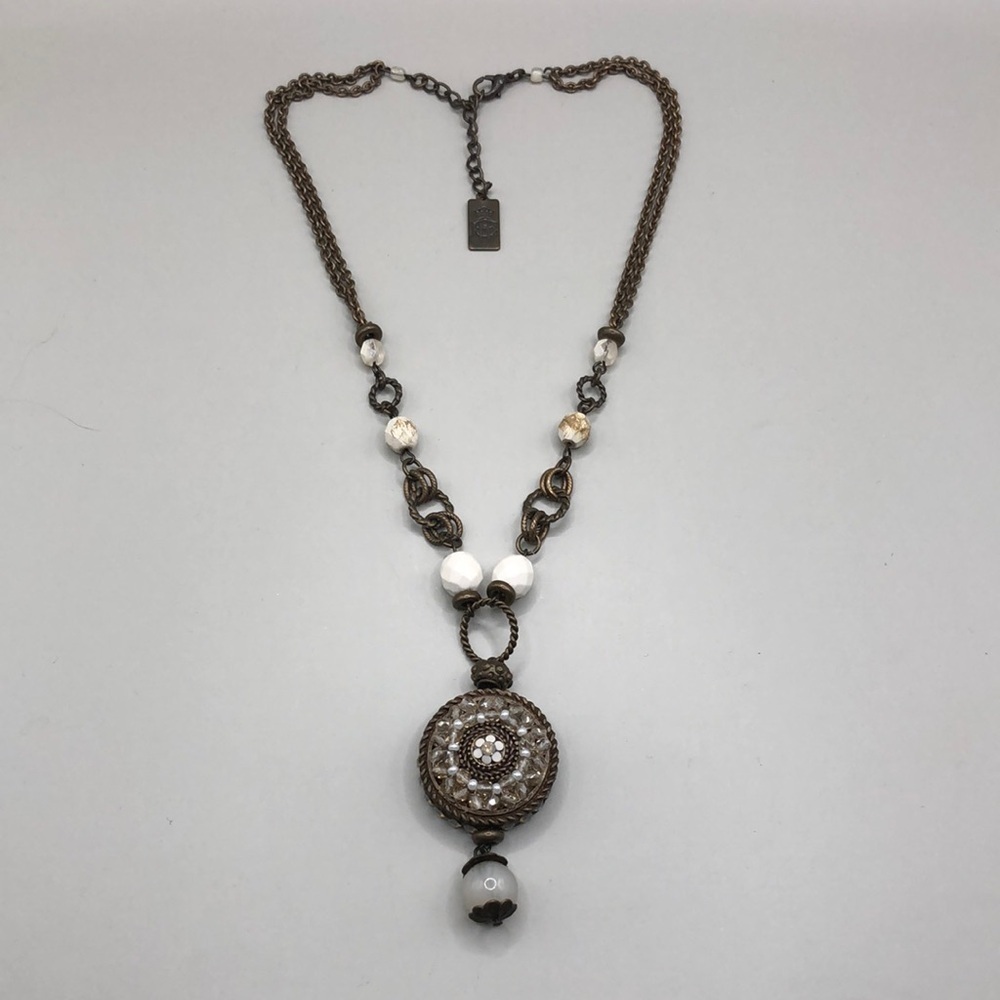 Vintage antiqued brass chain opalecent rhinestone medallion chain, makers tag.